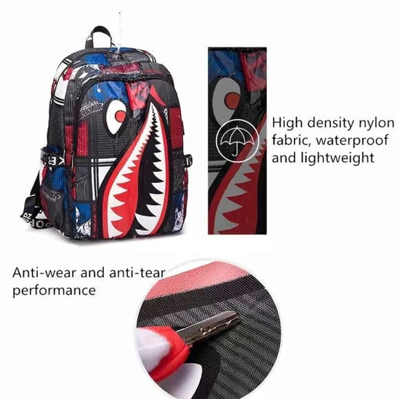 Shark Pattern Backpack, Trendy Nylon Student School Bag - Picture 5 of 9